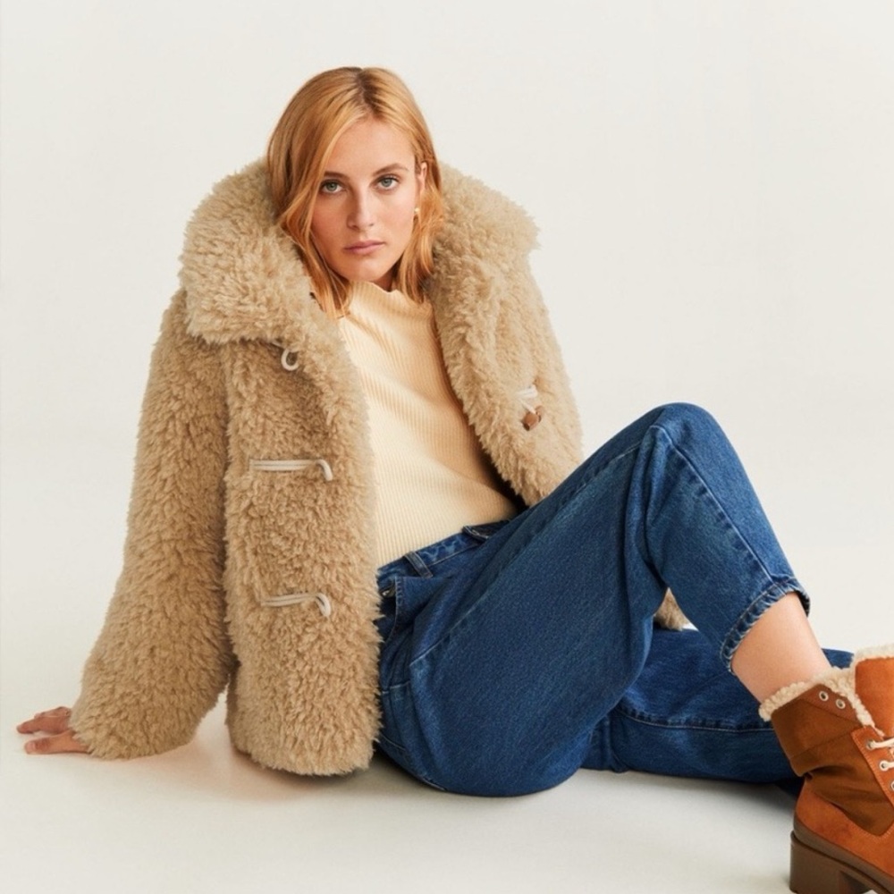 Mango Teddy Jacket Faux Shearling Coat Beige Toggle Button Cozy Winter Oversized